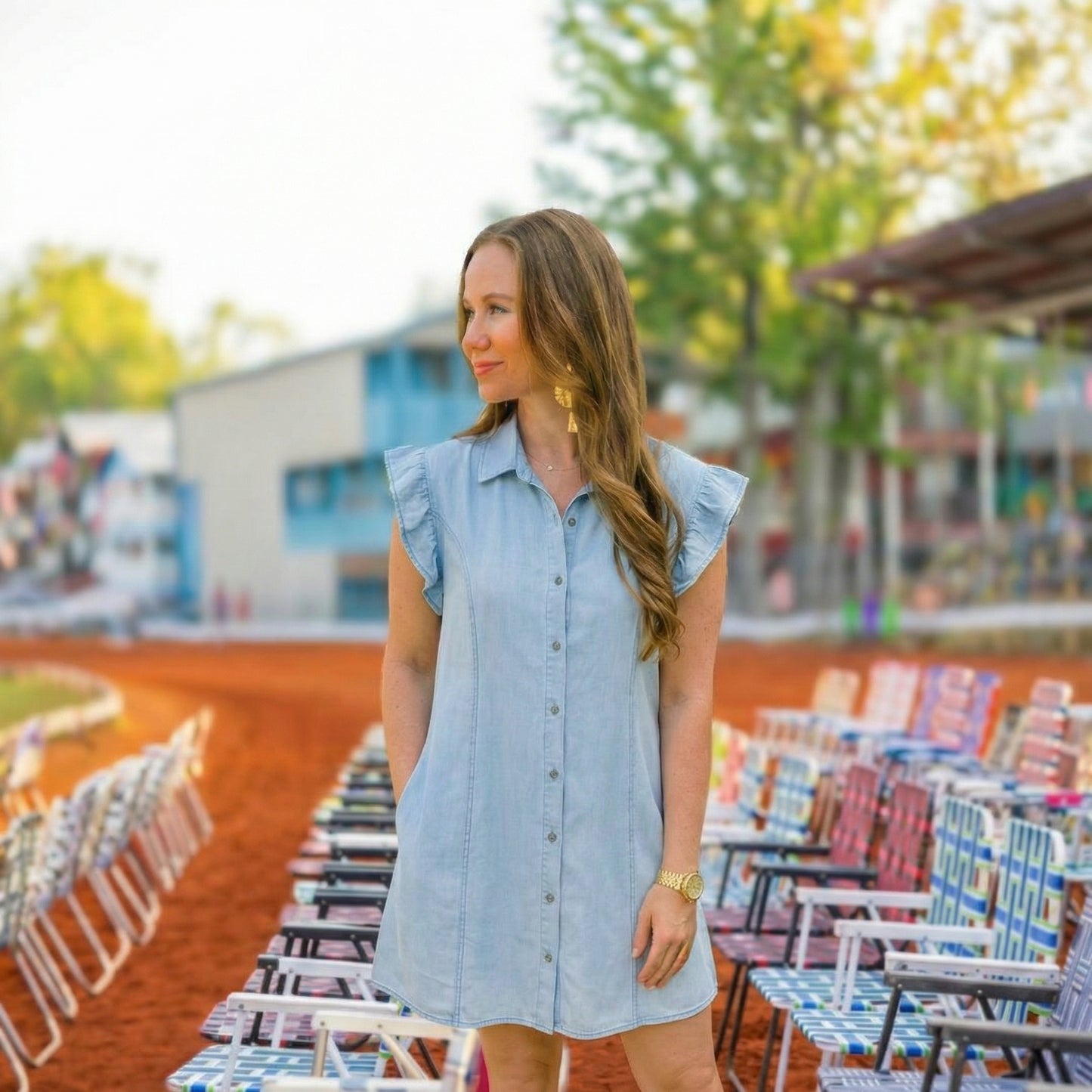 Washed Button Down Ruffle Short Sleeve Dress
