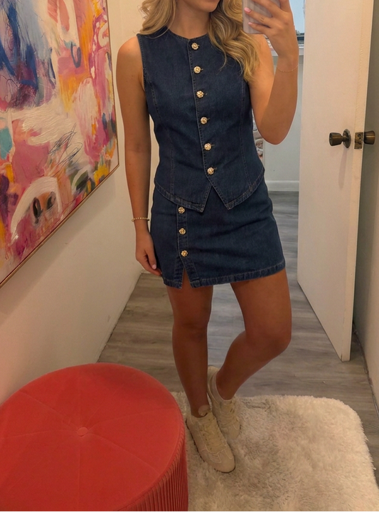 Gold Button Round Neck Denim Vest and skort set