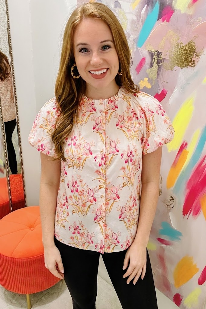 Floral Print Button Down Blouse Berry Mix