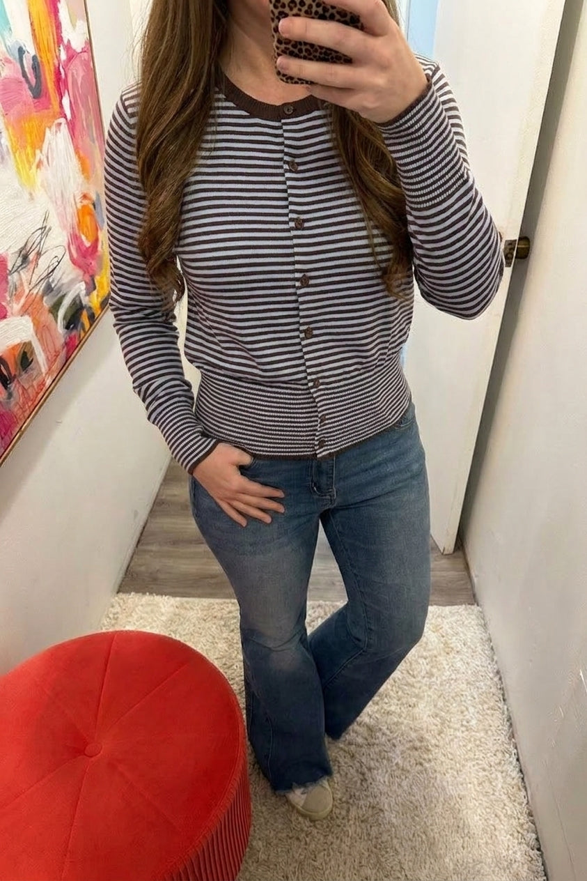 Stripe Round Neck Button Down Ribbed Hem Cardigan