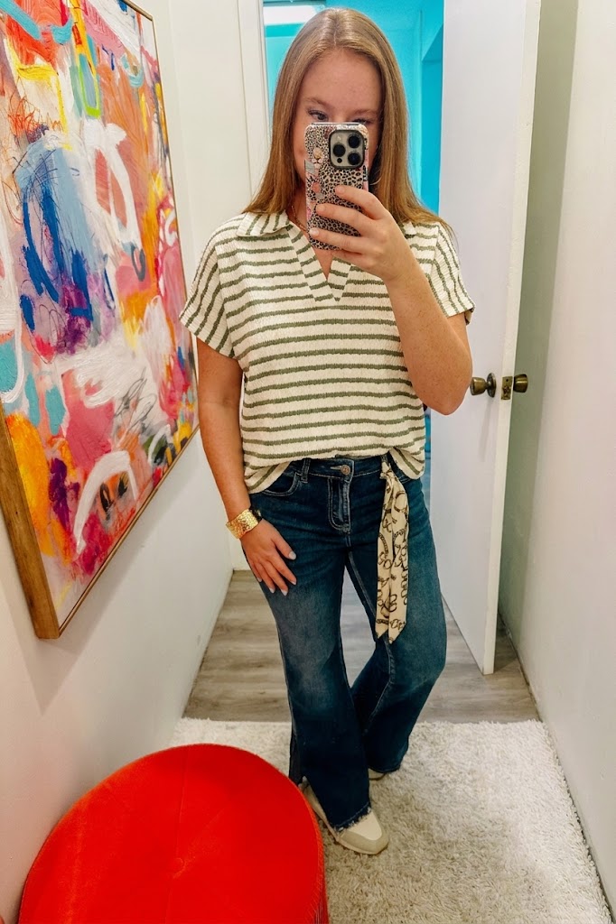 Striped Split Neck Collared Top